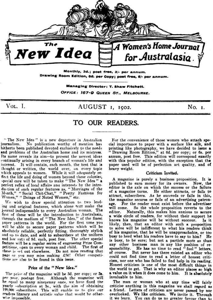 Front page The New Idea: A Women’s Home Journal for Australasia, Volume 1, No 1. August 1, 1902 [journal/magazine page]