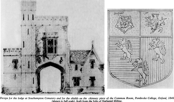 Design for the lodge at Southampton Cemetery and for the shields on the chimney piece of the Common Room, Pembroke College, Oxford, 1846 (drawn to full scale), both from the folio of Nathaniel Billing. [architectural drawing]