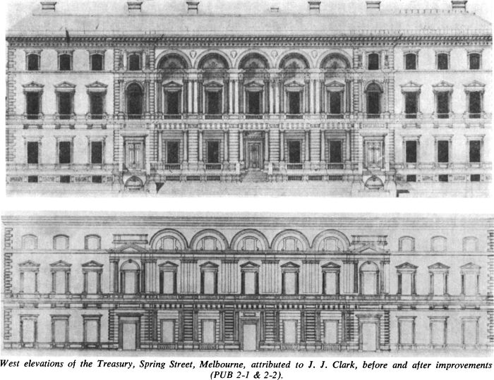 West elevation of the Treasury, Spring Street, Melbourne, attributed to J. J. Clark, before and after improvements (PUB 2-1 & 2-2) [architectural drawing]