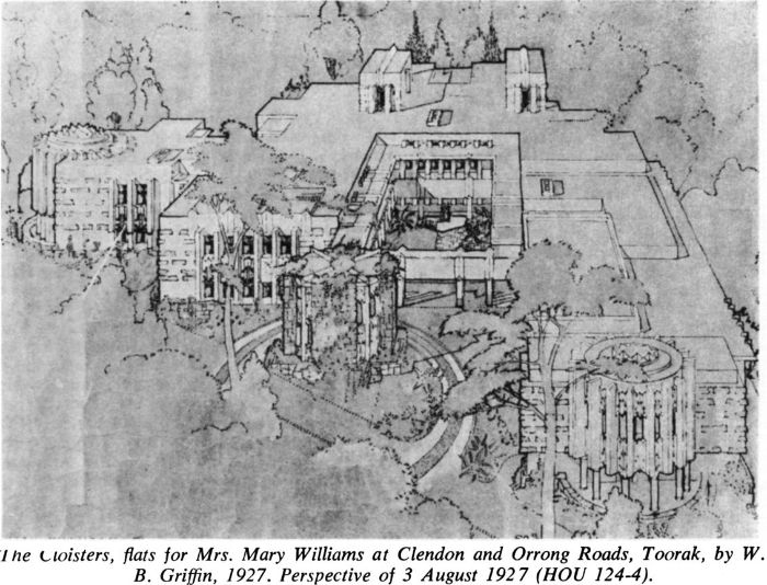 The Cloisters, flats for Mrs. Mary Williams at Clendon and Orrong Roads, Toorak, by W. B. Griffin, 1927. Perspective of 3 August 1927 (HOU 124-4). [architectural drawing]