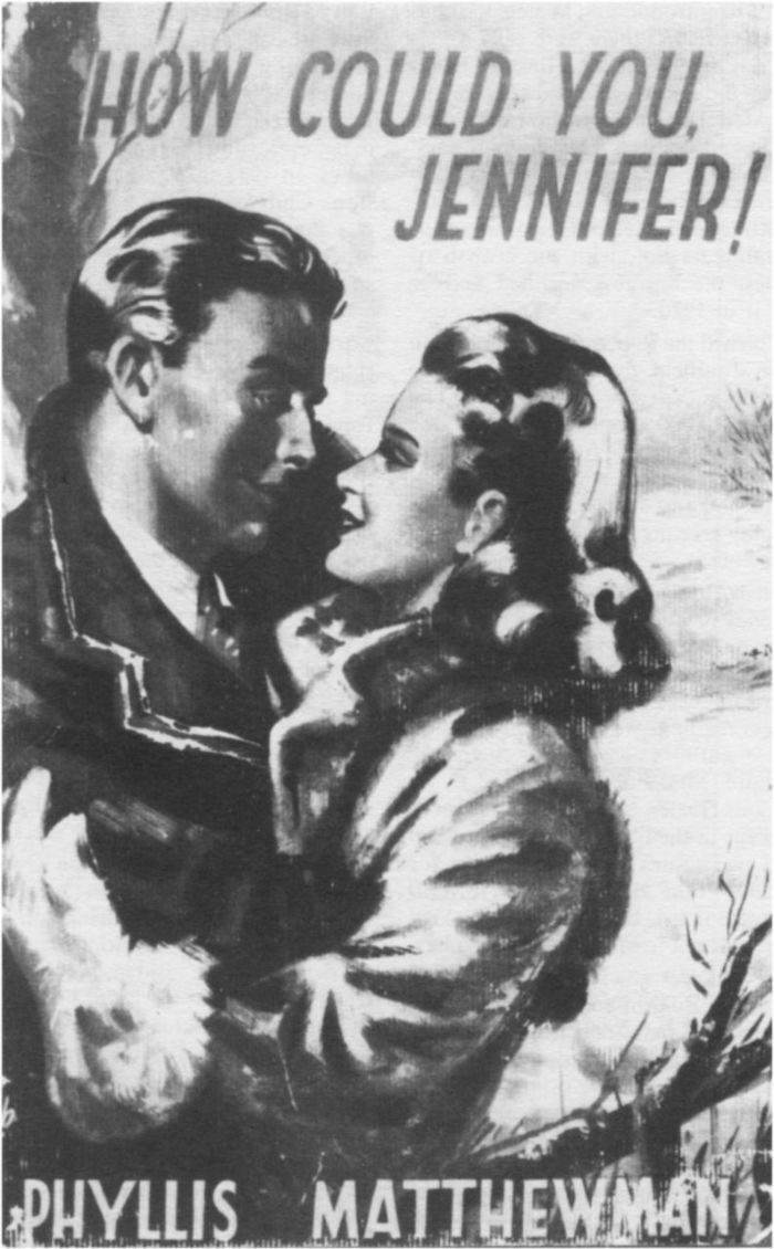 A typical Mills and Boon dust-jacket illustration. This one was pasted by the proprietor of Tonkin’s Hygienic Library in Hawthorn on to the back of Phyllis Matthewman’s 1948 novel. The book now in the author’s possession, was borrowed 35 times in its first year at Tonkin’s and 67 times in all before being discarded in 1953 or 1954. [book cover]