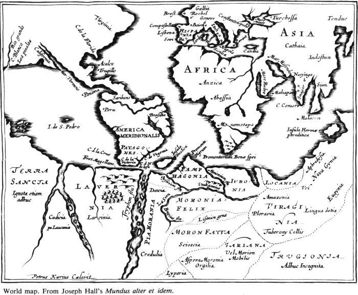 World map. From Joseph Hall’s Mundus alter et idem. [map]