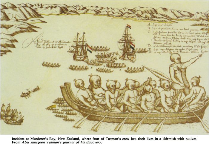 Incident at Murderer's Bay, New Zealand, where four of Tasman’s crew lost their lives in a skirmish with natives. From Abel Janszoon Tasman’s journal of his discovery. [engraving]