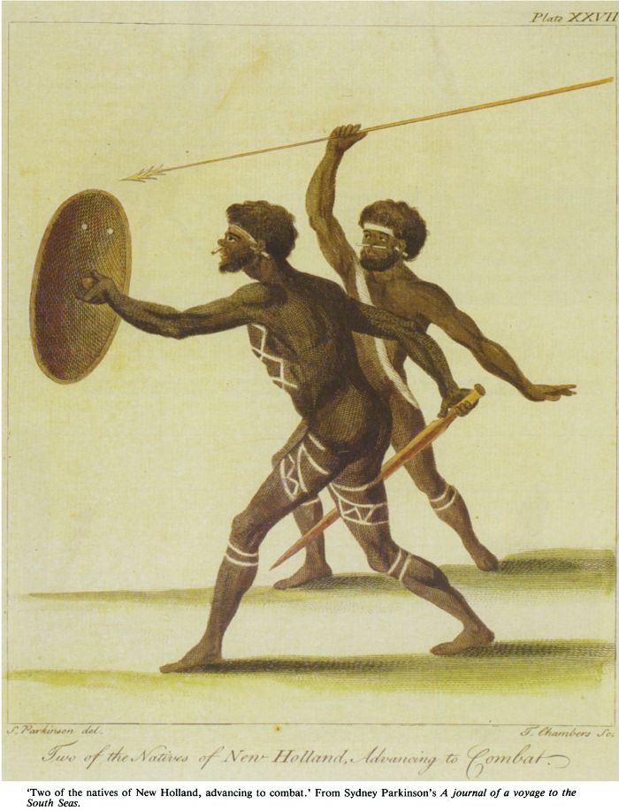 ‘Two of the natives of New Holland, advancing to combat.’ From Sydney Parkinson’s A journal of a voyage to the South Seas. [engraving]