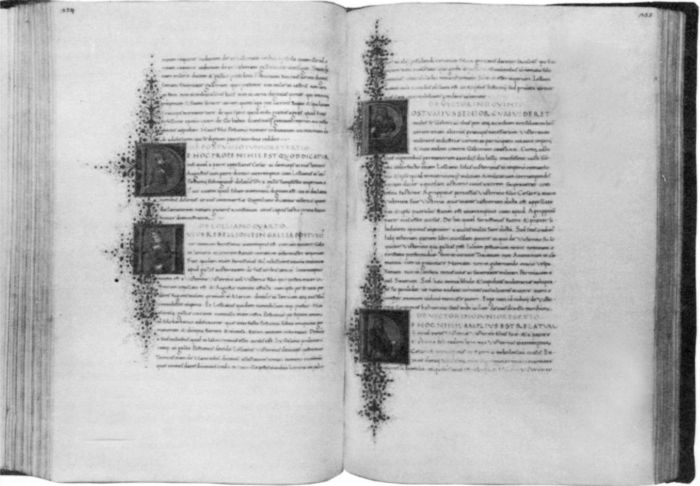 Open-page spread of Scriptores Historiae Augustae c.1479. [illuminated pages]