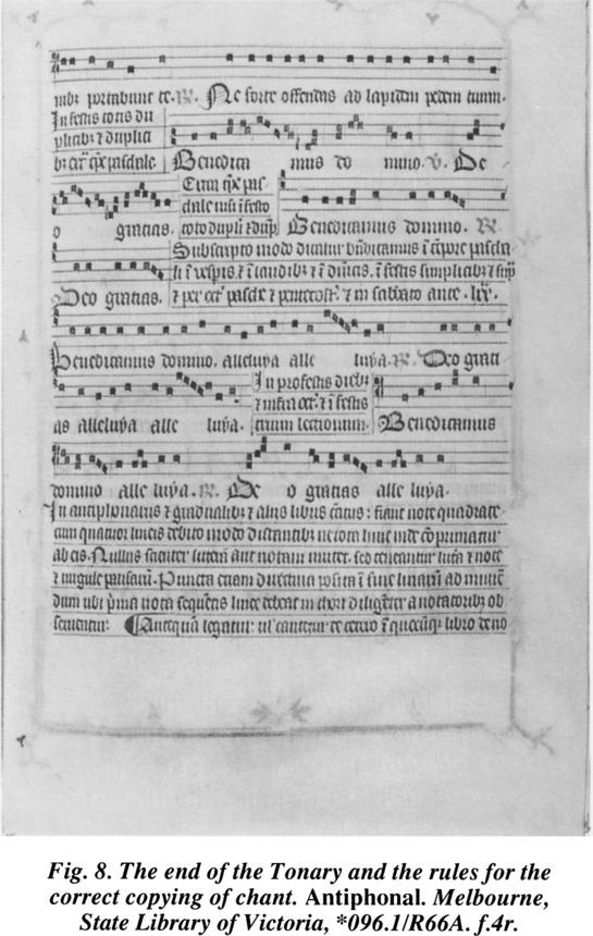 Fig. 8. The end of the Tonary and the  rules for the correct copying of chant. Antiphonal. Melbourne, State Library of Victoria, *096.1/R66A. f.4r.  [illuminated page]