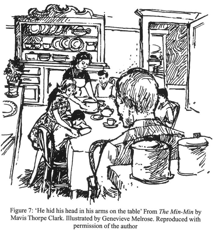 Figure 7: ‘He hid his head in his arms on the table’ From The Min-Min by Mavis Thorpe Clark. Illustrated by Genevieve Melrose. Reproduced with permission of the author. [illustration]