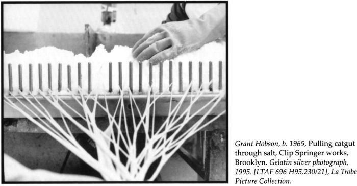 Grant Hobson, b. 1965, (bottom) Pulling catgut through salt, Clip Springer works, Brooklyn. Gelatin silver photograph, selenium toned, 1995. [LTAF 696 H95.230/21], La Trobe Picture Collection. [photograph]