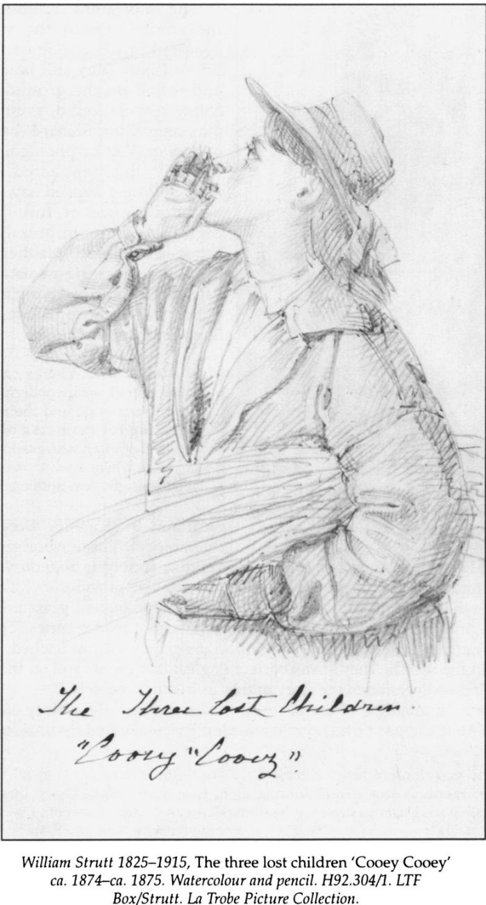 William Strutt 1825-1915, The three lost children ‘Cooey Cooey’ ca. 1874–1975. Watercolour and pencil. H92.304/1 LTF Box/Strutt. La Trobe Picture Collection. [watercolour and pencil]