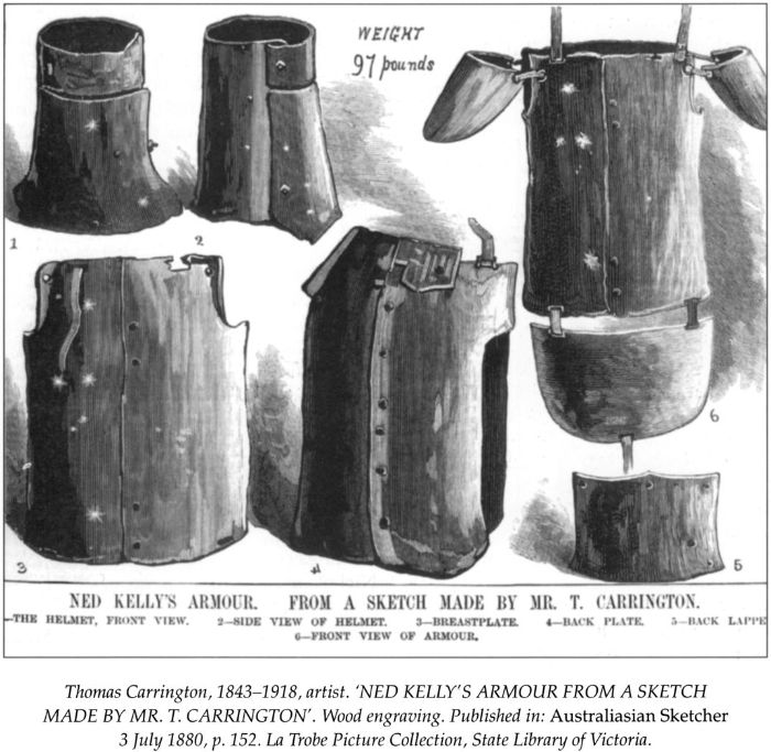 Thomas Carrington, 1843-1918, artist. 'Ned Kelly's armour from a sketch made by Mr. T. Carrington'. Wood engraving. Published in: Australiasian Sketcher 3 July 1880, p. 152. La Trobe Picture Collection, State Library of Victoria. [wood engraving]