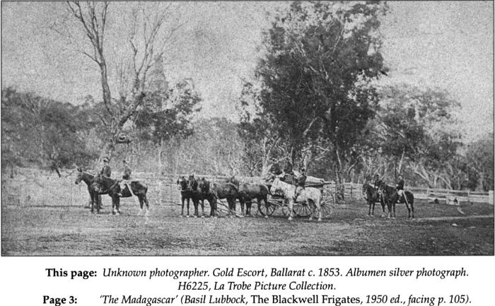 Unknown photographer. Gold Escort, Ballarat c. 1853. Albumen sliver photograph. H6225, La Trobe Picture Collection. [photograph]