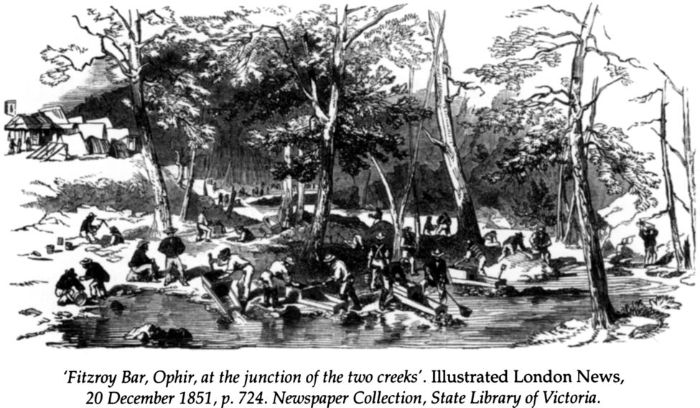 Fitzroy Bar, Ophir, at the junction of the two creeks'. Illustrated London News, 20 December 1851, p. 724. Newspaper Collection, State Library of Victoria. [engraving]