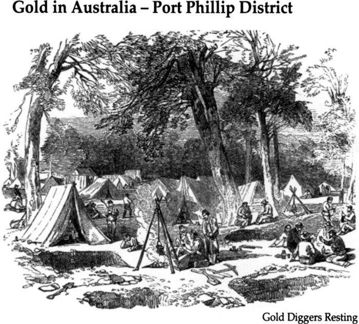 Gold diggers resting, Gold in Australia, Illustrated London News, 29 May 1852, p.429? [engraving]