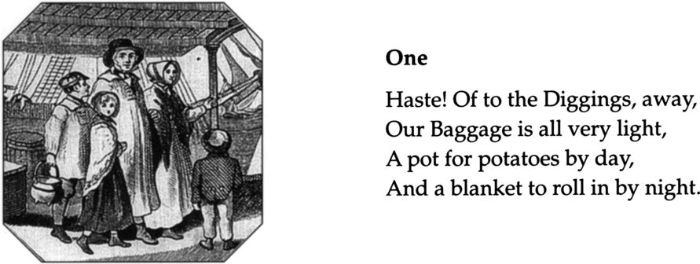 One / Haste! Of the Diggings, away, / Our Baggage is all very light, / A pot for potatoes by day, /  And a blanket to roll in by night. [line illo printed on cloth kerchief (see 657), cropped]