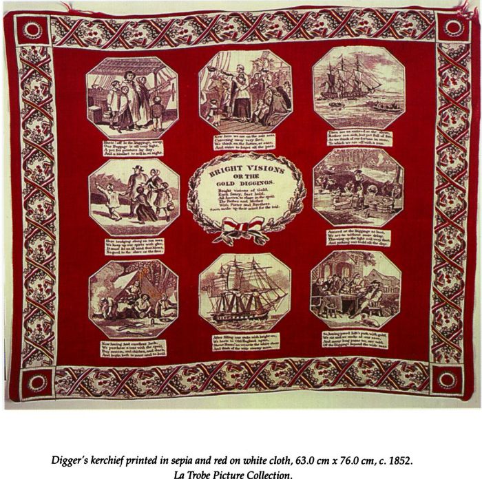 Digger's kerchief printed in sepia and red on white cloth, 63.0 cm x 76.0 cm, c. 1852. La Trobe Picture Collection. [printed cloth kerchief]
