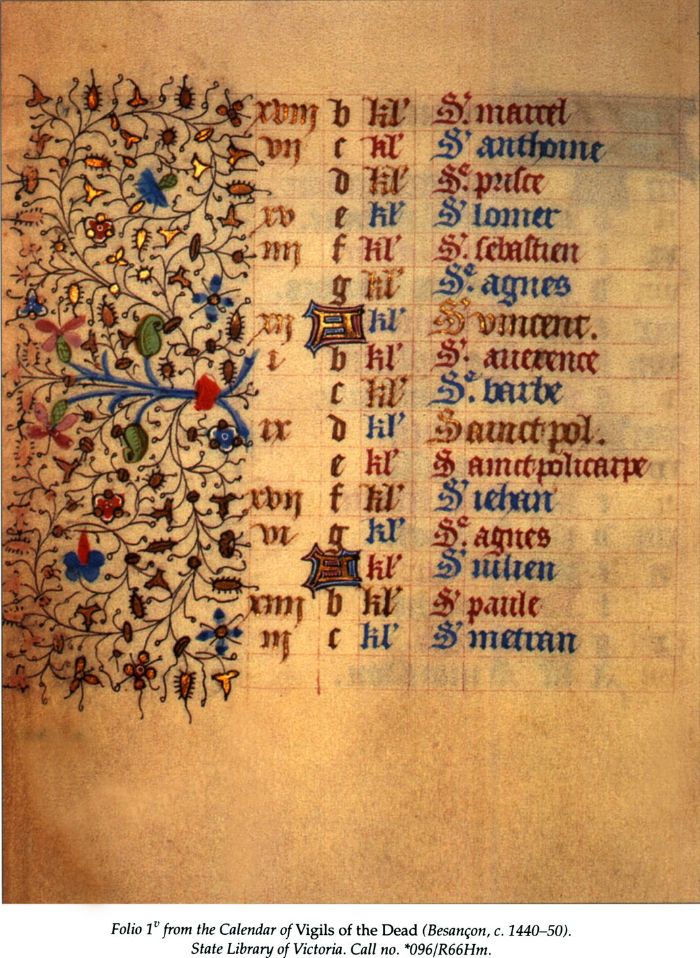Folio 1v from the Calendar of Vigils of the Dead (Besançon, c. 1440-50). State Library of Victoria. Call no. *096/R66Hm.