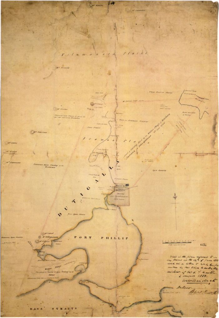 Fig. 6: 'Dutigalla - A tract of country ceded by the Native Chiefs of Southern Australia to john Batman 6 June 1835'. Manuscript map probably drawn by John Helder Wedge (1792-1827), surveyor to the Port Phillip Association, to show Batman's explorations and the land supposedly ceded by the Aborigines. It came to the Library's collection from Robert Russell, via Mrs Eliza Newton, widow of Batman's clerk and executor E.T. Newton. Interestingly, it shows land reserved for a township (Melbourne) on the southern side of the Yarra River, called the Batman by Wedge. Map Collection, State Library of Victoria. [map]