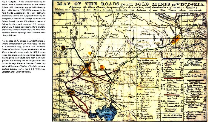 Fig. 7: Map of the Roads to all Gold Mones in Victoria. Lithographed by J. B. Philip [1853]. This map is a redrafted copy, pirated from Frederick Proeschel's - Pocket Map of the Roads to all the Mines in Victoria, issued earlier in 1853. It shows routes and distances between mines, towns and staging posts, and would have been a valuable guide to those setting out for the goldfields [see Thomas Darragh, 'Frederick Proeschel, Colonial Map Maker', Bibliographical Society of Australia and New Zealand Bulletin, vol. 15, nos 3 & 4, 1991]. Map Collection, State Library of Victoria. [map, lithograph]