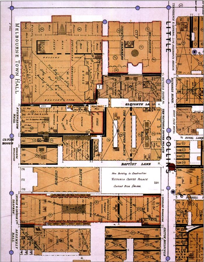 Fig. 14: oppostie page: A detail from sheet 8 of the Mahlstedt maps, originally dated 1924, with additions, presumably up to about 1948. The Melbourne Town Hall was gutted by fire in 1925, and the plan of the reconstructed building has been pasted on, showing that it now has fire sprinklers throughout, a concrete ceiling to the basement, and steel roof supports over the main hall. By contrast, Melbourne City Council Chambers, to the north, is completely unaltered, and the numbers in circles indicate the original two, three and five storey portions. In the heart of the block the 1881 rear building of the Victoria Coffee Palace, marked 'H' is unchanged, but the portion of what had now become now the Victoria Hotel, at 201-207 Little Collins Street, has been pasted on, as has the block marked 'G' to the west of Speights Lane. This appears to represent work done by the architect Alec Eggleston prior to 1929. Then the frontage of block G, at 223-231 Little Collins Street has been pasted over again along with the large block at 209 to 221, representing work done by Eggleston in 1934. On Collins Street the new Clyde House and Edwards Building are pasted on, and the Baptist Church is also pasted over, indicating the change when the shop at 174 was built, along with the glass roofed side passage and the offices at the rear of building. Map Collection, State Library of Victoria. [plan]
