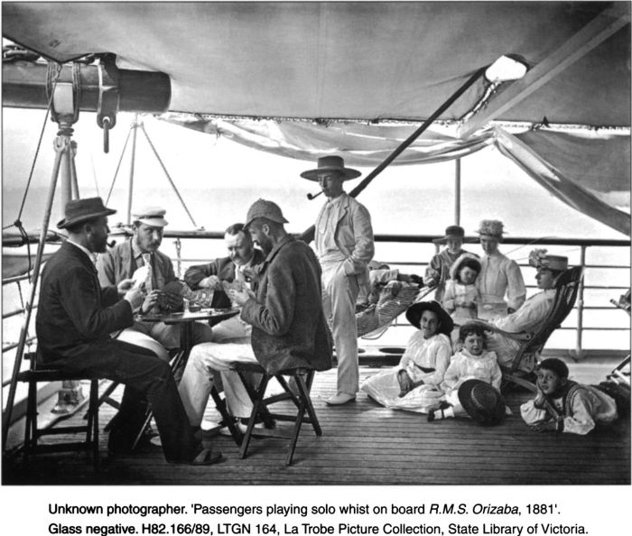 Unknown photographer. 'Passengers playing solo whist on board R.M.S. Orizaba, 1881'. Glass negative. H82.166/89, LTGN 164, La Trobe Picture Collection, State Library of Victoria. [photograph]