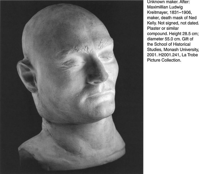 Unknown maker. After: Maximillian Ludwig Kreitmayer, 1831-1906, maker, death mask of Ned Kelly. Not signed, not dated. Plaster or similar compound. Height 28.5 cm; diameter 55.0 cm. Gift of the School of Historical Studies, Monash University, 2001. H2001.241, La Trobe Picture Collection. [death mask]