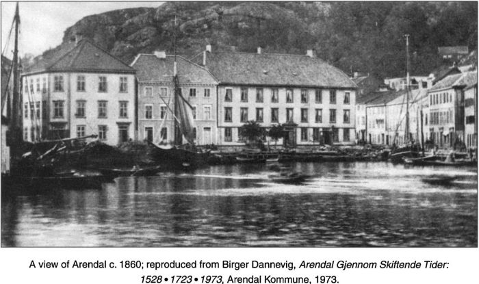 A view of Arendal c. 1860; reproduced from Birger Dannevig, Arendal Gjennom Skiftende Tider: 1528.1723.1973, Arendal Kommune, 1973. [photograph]