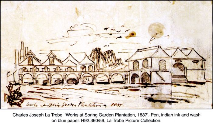 Charles Joseph La Trobe. 'Works at Spring Garden Plantation, 1837'. Pen, indian ink and wash on blue paper. H92.360/59. La Trobe Picture Collection. [pen & ink and wash]