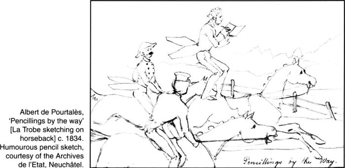 Albert de Pourtalès, 'Pencillings by the way' [La Trobe sketching on horseback] c. 1834. Humourous pencil sketch, courtesy of the Archives de l'Etat, Neuchâtel.