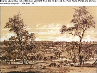 Bottom: Below: Edward La Trobe Batemen. Jolimont, from the hill beyond the Yarra Yarra. Pencil and Chinese white on brown paper. 1854. H98.135/17. [pencil and white]