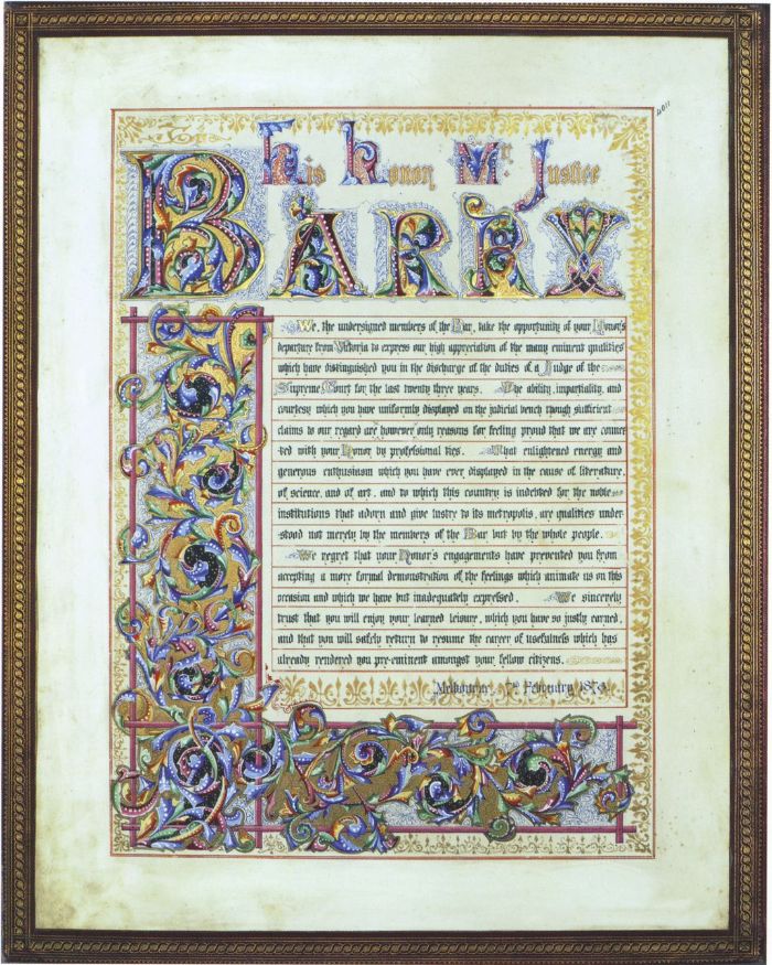 Illuminated address to His Honor Mr Justice Barry from members of the Bar on his departure from Victoria 7th February 1876. Illuminated Address. H93.497. La Trobe Picture Collection. [inside page of illuminated address]