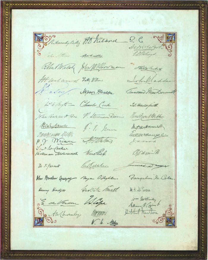 Illuminated address to His Honor Mr Justice Barry from members of the Bar on his departure from Victoria 7th February 1876. Illuminated Address. H93.497. La Trobe Picture Collection. [inside page with signatures]