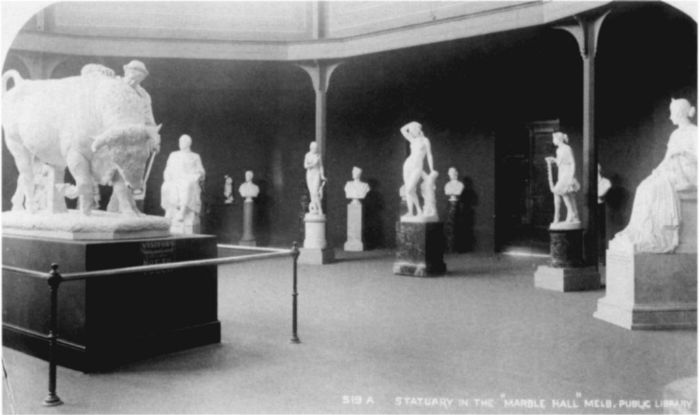 Charles Rudd, photographer. Statuary in the "Marble Hall", Melbourne Public Library [the Rotunda with works by Charles Summers] [1886-1887] Gelatin silver printing-out paper photograph. H39357/116. La Trobe Picture Collection. [photograph]