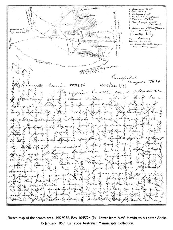 Sketch map of the search area. MS 9356, Box 1045/2b (9). Letter from A.W. Howitt to his sister Annie, 15 January 1859. La Trobe Australian Manuscripts Collection. [hand-written letter with map]