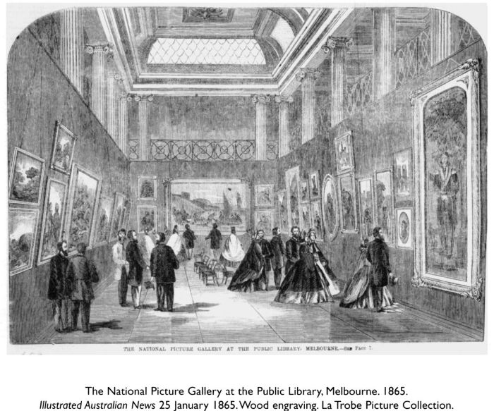 The National Picture Gallery at the Public Library, Melbourne. 1865. Illustrated Australian News 25 January 1865. Wood engraving. La Trobe Picture Collection. [wood engraving]