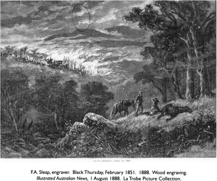 F.A. Sleap, engraver. Black Thursday, February 1851. 1888. Wood engraving. Illustrated Australian News, I August 1888. La Trobe Picture Collection. [wood engraving]