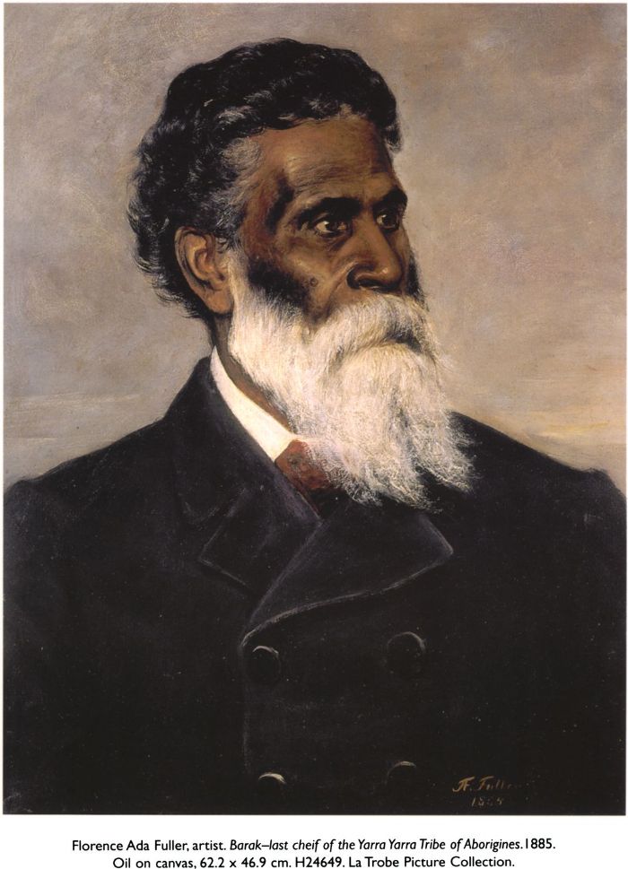 Florence Ada Fuller, artist. Barak–last cheif of the Yarra Yarra Tribe of Aborigines. 1885. Oil on canvas, 62.2 × 46.9 cm. H24649. La Trobe Picture Collection. [oil painting]