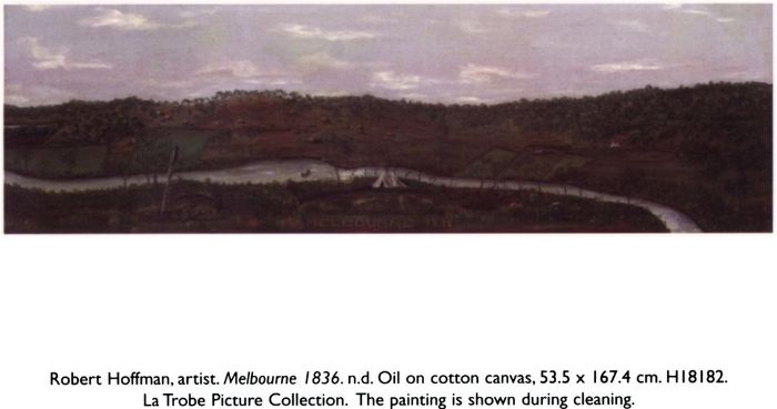 Robert Hoffman, artist. Melbourne 1836. n.d. Oil on cotton canvas, 53.5 × 167.4 cm. H18182. La Trobe Picture Collection. The painting is shown during cleaning.  [oil painting]
