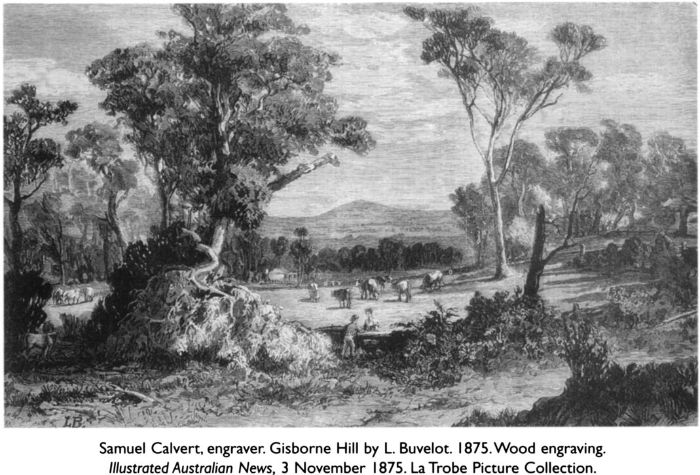 Samuel Calvert, engraver. Gisborne Hill by L. Buvelot. 1875. Wood engraving. Illustrated Australian News, 3 November 1875. La Trobe Picture Collection. [wood engraving]