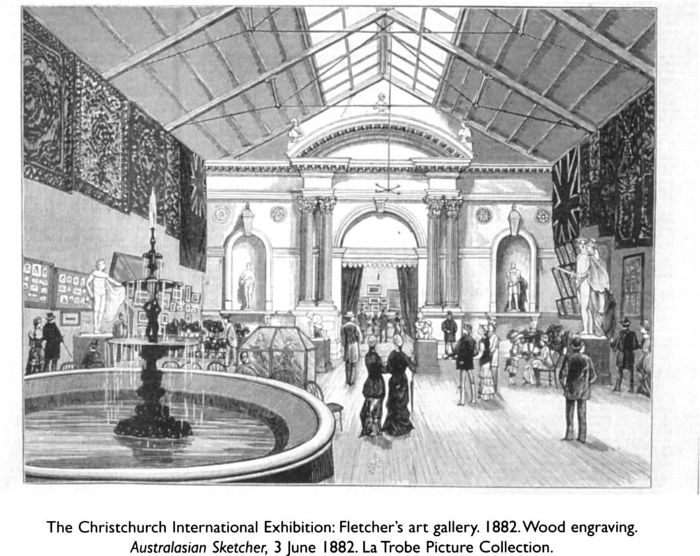 The Christchurch International Exhibition: Fletcher's art gallery. 1882. Wood engraving. Australasian Sketcher, 3 June 1882. La Trobe Picture Collection. [wood engraving]