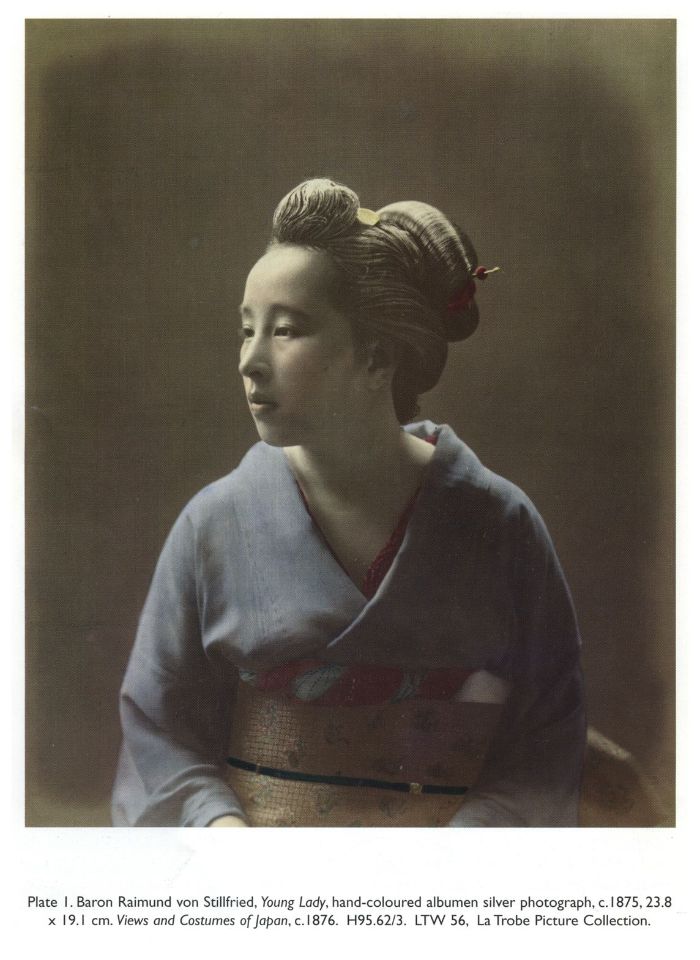 Plate I. Baron Raimund von Stillfried, Young Lady, hand-coloured albumen silver photograph, c. 1875, 23.8 × 19.1 cm. Views and Costumes of Japan, c.1876. H95.62/3. LTW 56, La Trobe Picture Collection.