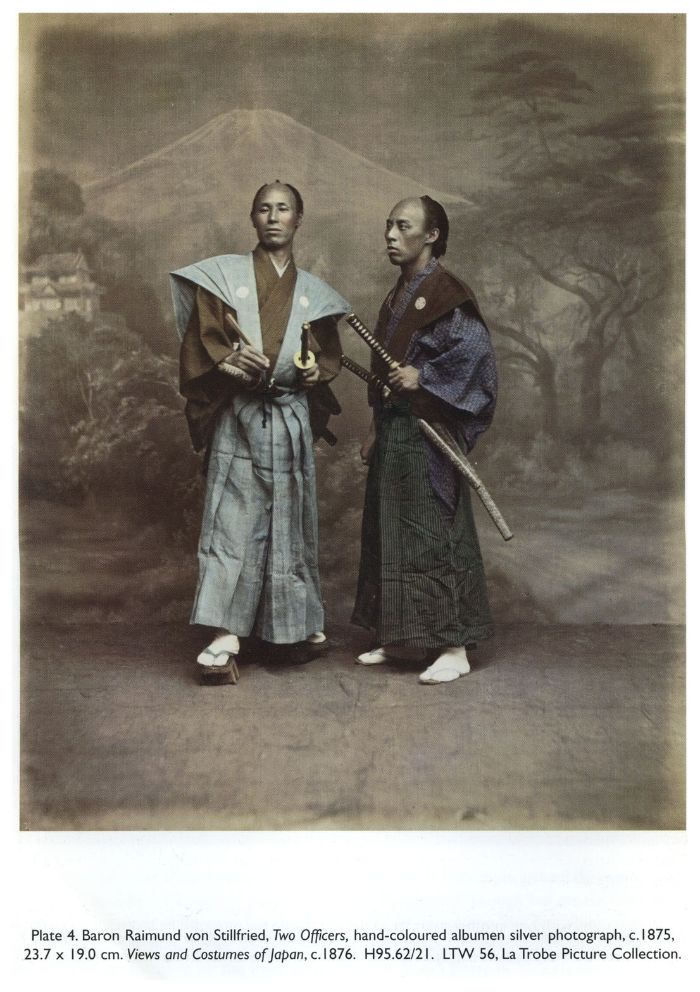 Plate 4. Baron Raimund von Stillfried, Two Officers, hand-coloured albumen silver photograph, c. 1875, 23.7 × 19.0 cm. Views and Costumes of Japan, c. 1876. H95.62/21. LTW 56, La Trobe Picture Collection.