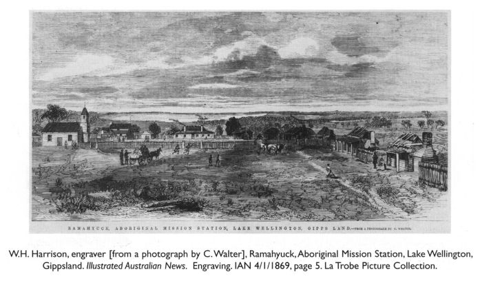 W.H. Harrison, engraver [from a photograph by C. Walter], Ramahyuck, Aboriginal Mission Station, Lake Wellington, Gippsland. Illustrated Australian News. Engraving. IAN 4/1/1869, page 5. La Trobe Picture Collection.