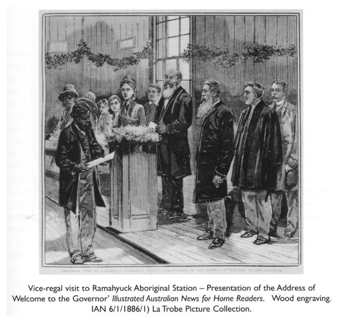 Vice-regal visit to Ramahyuck Aboriginal Station – Presentation of the Address of Welcome to the Governor’ Illustrated Australian News for Home Readers. Wood engraving. IAN 6/1/1886/1) La Trobe Picture Collection.