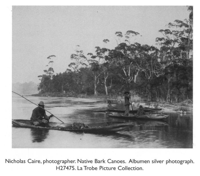 Nicholas Caire, photographer. Native Bark Canoes. Albumen silver photograph. H27475. La Trobe Picture Collection.