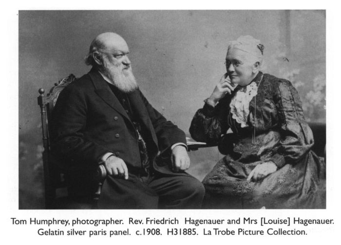 Tom Humphrey, photographer. Rev. Friedrich Hagenauer and Mrs [Louise] Hagenauer. Gelatin silver paris panel. c.1908. H31885. La Trobe Picture Collection.