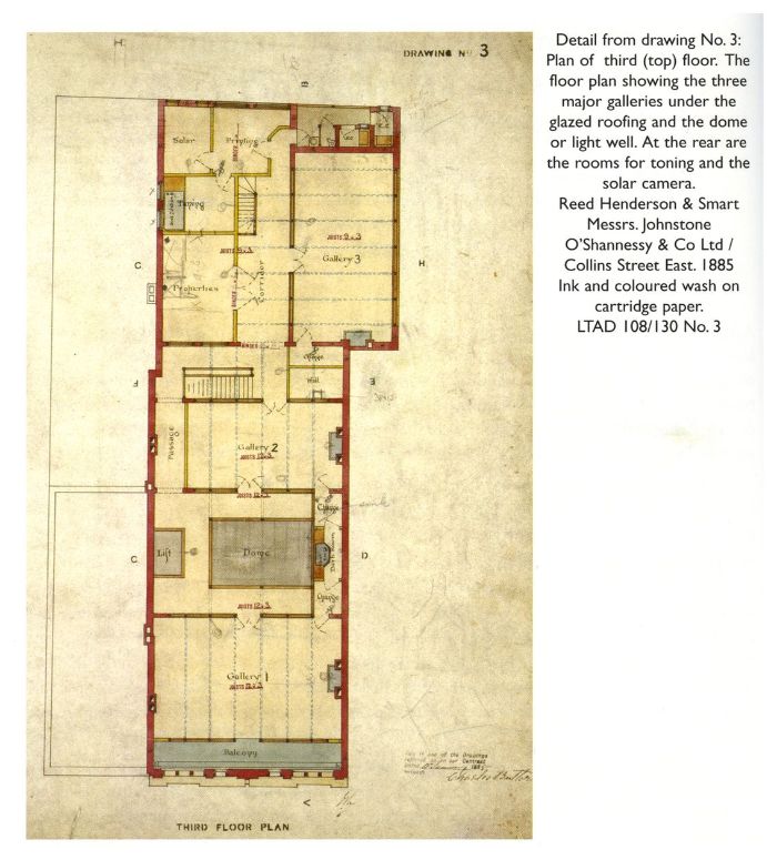 Detail from drawing No. 3: Plan of third (top) floor. The floor plan showing the three major galleries under the glazed roofing and the dome or light well. At the rear are the rooms for toning and the solar camera. Reed Henderson & Smart Messrs. Johnstone O'Shannessy & Co Ltd / Collins Street East. 1885 Ink and coloured wash on cartridge paper. LTAD 108/130 No. 3