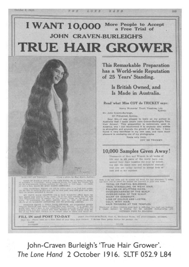 John-Craven Burleigh's ‘True Hair Grower’. The Lone Hand 2 October 1916. SLTF 052.9 L84