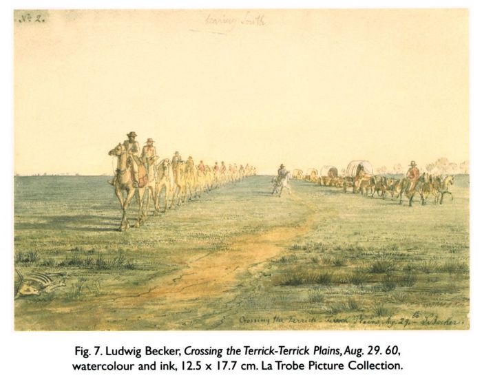 Fig. 7. Ludwig Becker, Crossing the Terrick-Terrick Plains, Aug. 29. 60, watercolour and ink, 12.5 x 17.7 cm. La Trobe Picture Collection.