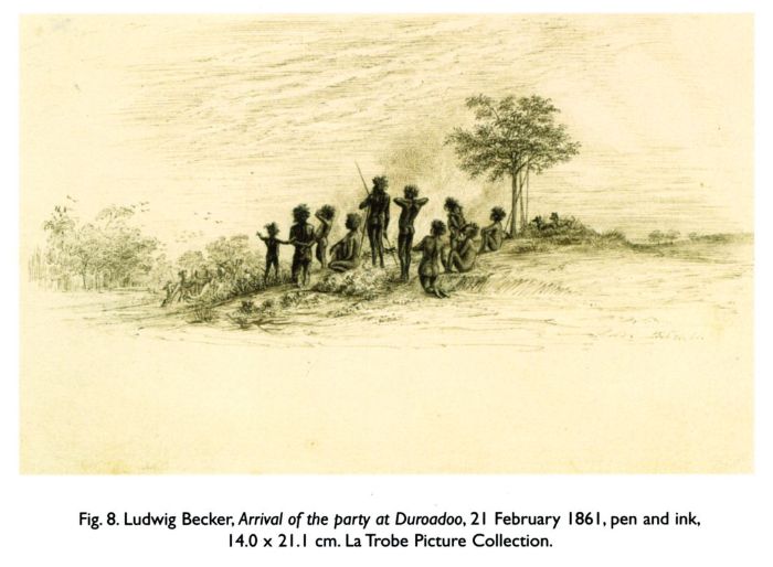 Fig. 8. Ludwig Becker, Arrival of the party at Duroadoo, 21 February 1861, pen and ink, 14.0 x 21.1 cm. La Trobe Picture Collection.