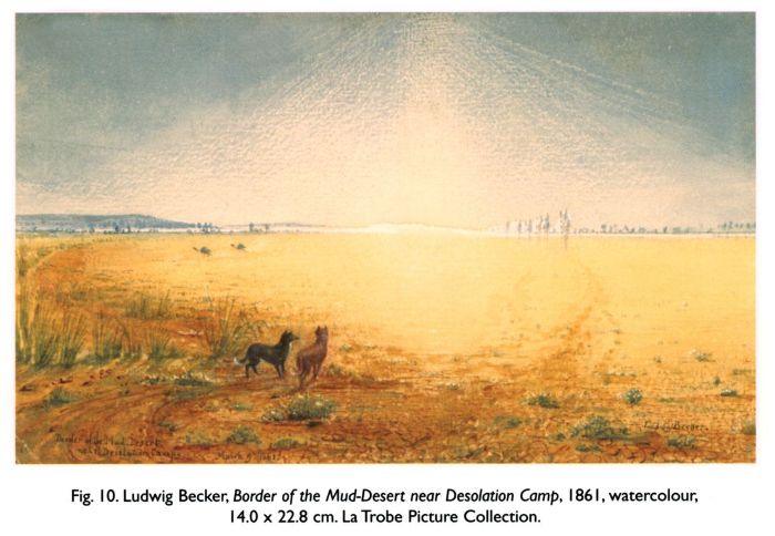 Fig. 10. Ludwig Becker, Border of the Mud-Desert near Desolation Camp, 1861, watercolour, 14.0 x 22.8 cm. La Trobe Picture Collection.